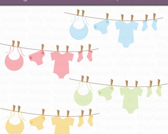 Bebé tendedero Digital conjunto de arte gráfico comercial uso Clip arte instantáneo descargar imágenes prediseñadas Baby Clip arte bebé ropa de bebé