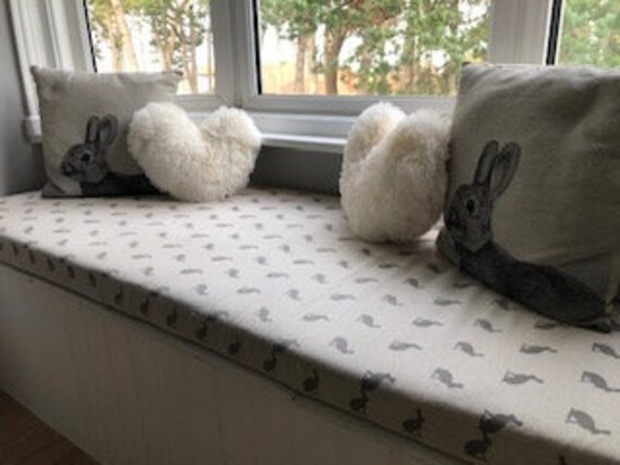 Window Seat Cushion Custom Rabbits Window Seat Cushion Made to Order Washable Removable Zipper on back. Dining Room Kitchen Bench