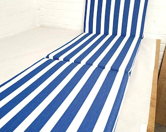 Sunlounger Sun Bed Outdoor Seat Cushions Foldable Fully Waterproof Blue White Stripe Fabric Made to Order Any Size UK Manfacturer