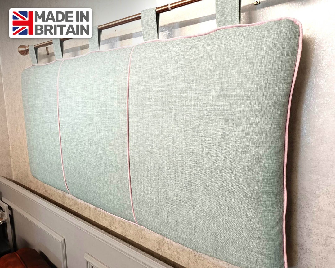 Soft Washable Linen Look Duck Egg Pink Piping Headboard Bed Cushion ...