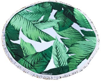 Banana Leaf Round Beach Towel with Tassels /Beverly Hills Leaves Print Round Beach Towel/ Palm Print/ Banana Leaf Towel