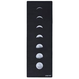 May include: Black yoga mat featuring a white graphic of the moon phases. The phases are arranged vertically, showing the moon's progression from crescent to full. The text "yoga zeal" is printed at the bottom.