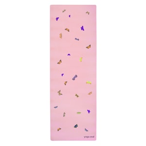 May include: A pink yoga mat with a scattered pattern of colorful butterflies. The text "yoga zeal" is printed in the bottom right corner.