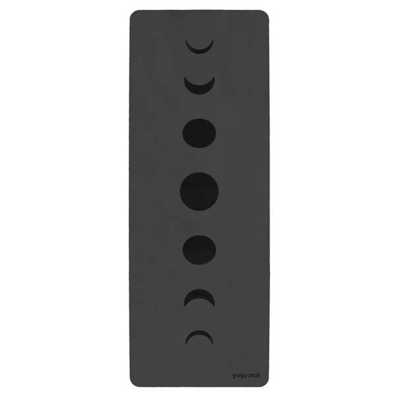 May include: Black yoga mat featuring a moon phase design with the text "yoga zeal" printed in the bottom right corner.