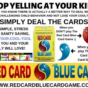 May include: A colourful image promoting a card game called "The Red Card Blue Card Game". The image features a red card with a yin-yang symbol and the text "The Red Card" and a blue card with a yin-yang symbol and the text "Blue Card". The image also features a cartoon red devil and a cartoon blue angel.