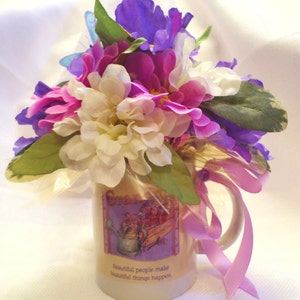 GRANDMA ~ Silk Floral Arrangement in China Mug with Lovely Saying Purple and White Flowers Small Unique & Personalized Gift for Grandmother