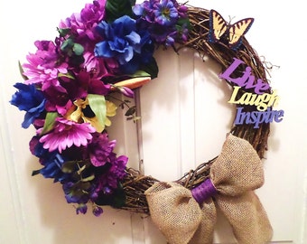 Spring / Summer Wreath Silk Flowers Purple Blue Yellow Rustic Burlap Bow Front Door Large Wreath Housewarming Wedding Gift