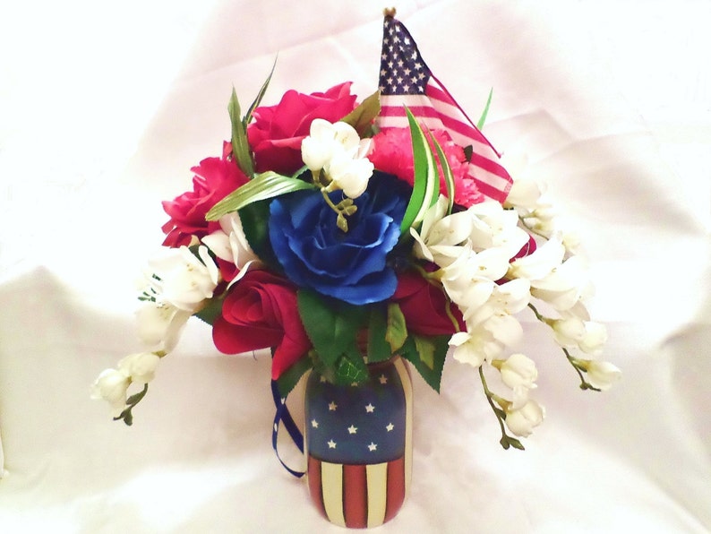 Free Shipping Old Glory Silk Floral Arrangement Red White Blue Flowers In American Flag Mason Jar Centerpiece Large Unique Gift Primitive