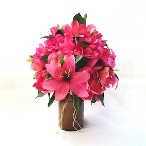 Country Blooms ~ Silk Floral Arrangement Pink Flowers Lilies Ball Jar Mason Jar Large Tall Centerpiece Home Decor Unique Gift