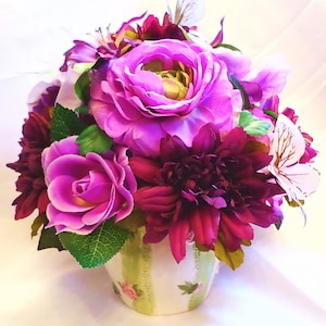 Lovely Day ~ Silk Floral Arrangement of Purple Flowers & Butterflies in Ceramic Vase w/ Stripes Centerpiece Unique Gift Large