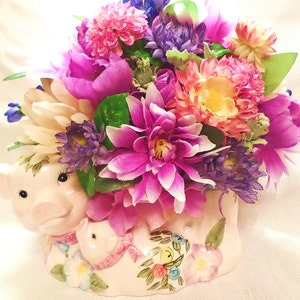 Tender Moments ~ Silk Floral Arrangement in Collectable Ceramic Pig w/ Piglet Centerpiece Unique Gift Large Pink Purple Blue
