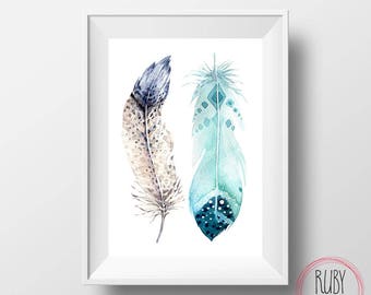 Feather print, wall print, wall art, boho print, feather art print, watercolour feather, feather art, home art, home decor, feather poster