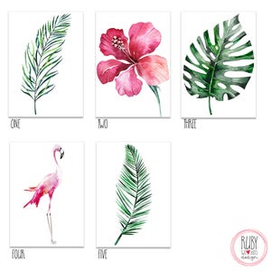 Tropical, wall art, wall print, monstera, leaf prints, palm leaf print, wall print set, art print, flamingo, hibiscus, watercolour, poster