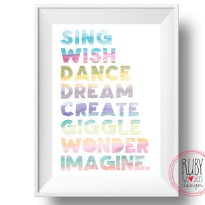 Girls wall print, watercolour, sing, wish, dance, dream, wonder, imagine, tween girl, girls room,  pastel, girls decor, tween room, teen