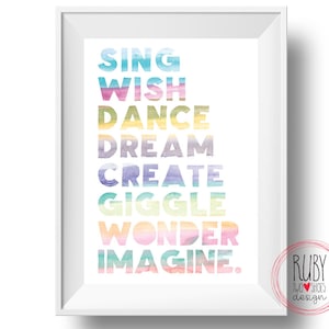 Girls wall print, watercolour, sing, wish, dance, dream, giggle, wonder, imagine, pretty, girls room,  pastel, girls decor, tween room, teen