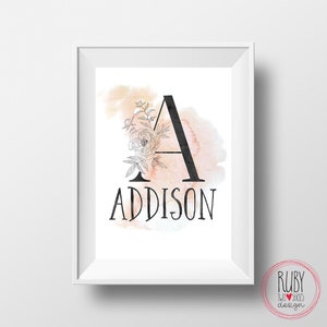 Custom monogram name print, wall print, letter print, wall art, custom name print, girls print, watercolour, floral, monogram print, flower