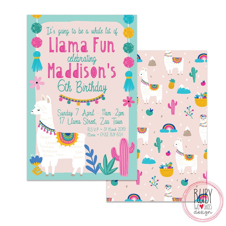 Llama birthday invitation Printable girls party invitation | Etsy