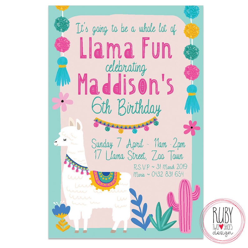 Llama birthday invitation Printable girls party invitation | Etsy
