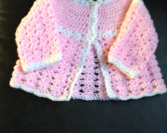 Pink and White hand crochet cardigan matinee coat 3-6 months