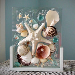 Shell Art for Beach House Decor, Seashell Glass Art in Teal Frame, Shell Art for Shelf, Desk Decor for Coastal Decor, Seashell Art on Glass