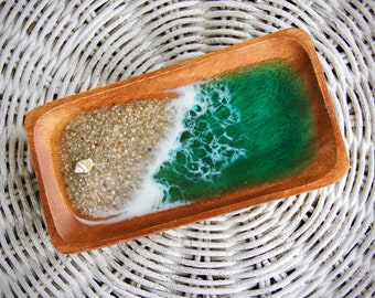 Ocean Bowl for Beach Decor, Wooden Beach Jewelry Dish, Resin Beach Trinket Bowel, Glasses Tray with Seashell, Beach Gift