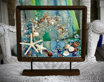 Wave Art on Wooden Stand for Beach Bathroom, Glass Art Display Frame for Beach Decor, Wave Art made from Seashells, Seashell Beach Wall Art