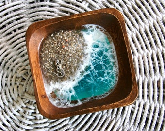 FREE SHIPPING -  Mermaid Ocean Jewelry Dish, Resin Beach Ring Dish, Wooden Bowl for Beach Decor, Acacia Wood Ocean Dish