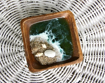 FREE SHIPPING - Wooden Ocean Jewelry Dish, Resin Beach Ring Dish, Wooden Tray for Beach Decor,Acacia Wood Ocean Dish