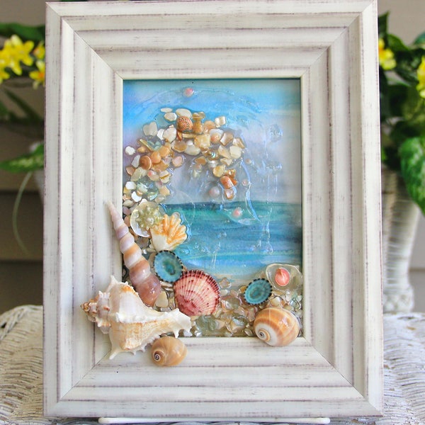 Beach Glass Art for Coastal Decor, Beach Bathroom Decor, Beach Watercolor Painting, Ocean Art for Beach House, Beach House Warming Gift