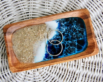 Wooden Ocean Bowl Beach Decor, Wooden Beach Jewelry Dish, Resin Beach Trinket Bowel, Beach House Decor