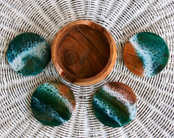 Coastal Wooden Coaster Set, Resin Ocean Wave Art, Beach House Decor