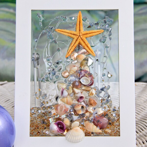 Sea Glass Art for Christmas at the Beach, Nautical Christmas Decoration, Beach Theme Christmas Art, Sea Glass Art for Holiday Decor, Small