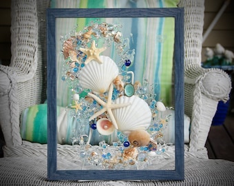 Blue Art for Beach Decor, Beach House Glass Wall Art, Coastal Wall Hanging, Seashell Art for Blue Bathroom Decor