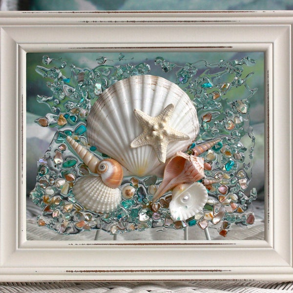 Beach Decor of Seashell Art, Beach Bathroom Decor Wall Hanging, Coastal Wall Art of Shells on Glass, Coastal Decor of Seashell Glass Art