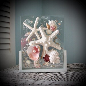 Seashell Glass Art in Teal Frame, Shell Art for Shelf, Desk Decor for Coastal Decor, Seashell Art on Glass, Shell Art for Beach House Decor