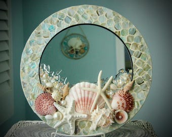 Abalone Shell Mirror, Coastal Beach House Decor, Nautical Seashell Wall Art