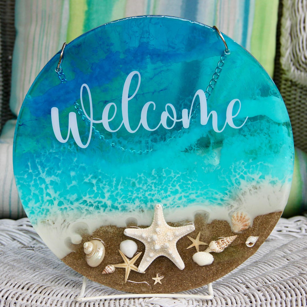 Seashell Resin Welcome Sign, Beach House Decor, Ocean Wave Art - Etsy