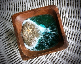 FREE SHIPPING - Wooden Ocean Jewelry Dish, Resin Beach Ring Dish, Wooden Tray for Beach Decor,Acacia Wood Ocean Dish - 2