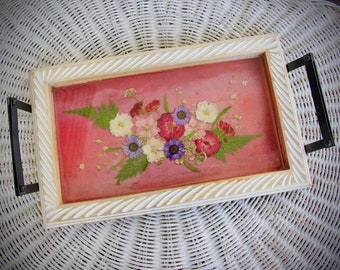 One of a kind Floral Tray, Pressed Flowers on a French Country Wooden Tray with Handles, Gift for Mom, Victorian Handmade Serving Tray