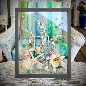 Beach Glass Art with Seashells and Resin, Coral Reef Costal Decor, Ocean Art, Beach Art, Nautical Wall Hanging, Beach House Decor