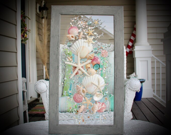 Sea Glass Art for Beach Decor, Long Seashell Wall Art for Coastal