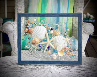 Blue Art for Beach Decor, Beach House Glass Wall Art, Coastal Wall Hanging, Seashell Art for Blue Bathroom Decor