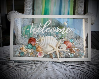 Welcome Beach Sign for Coastal Decor, Coastal Wall Hanging, Beach Glass Wall Art, Welcome Sign for Beach Decor, Welcome Wall Hanging