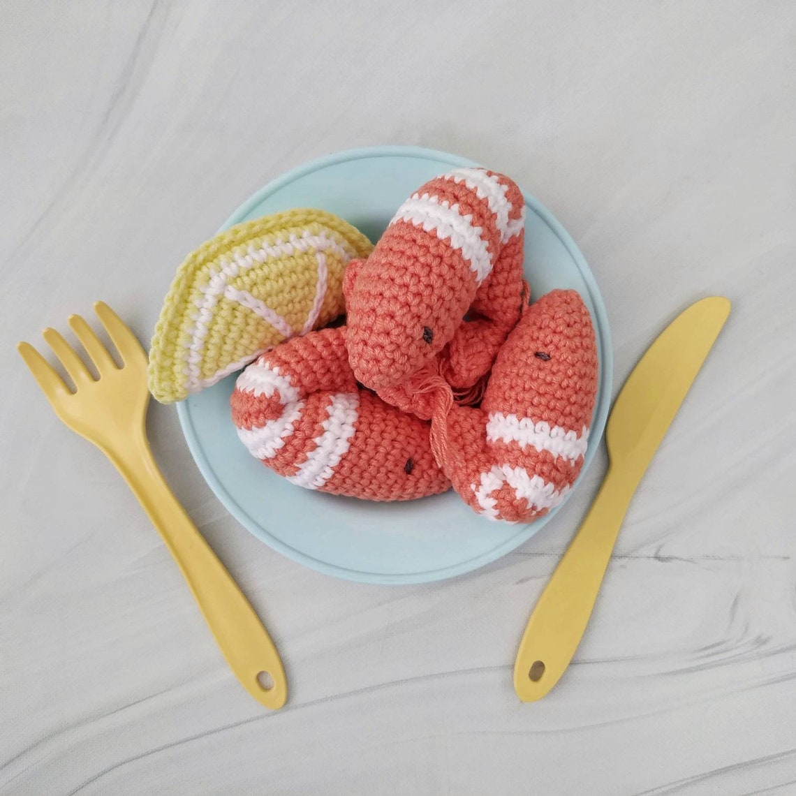 Crocheted shrimp. Knitted toys. Crochet food. Pretend play. Etsy