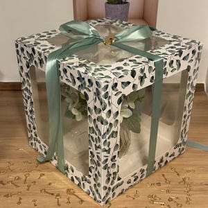 New - Eucalyptus decoration box for padlock game - Exhibition of the bride&#39;s bouquet - Garter - Raffle - Choice of ribbon