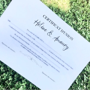 Certificat de Mariage/ d’Union- Cérémonie laïque- Personnalisé- Livraison rapide