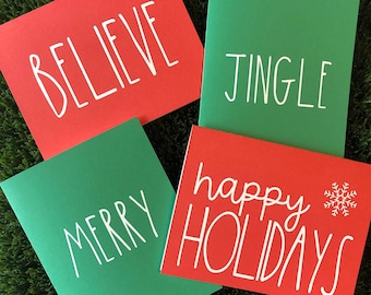 Set of 4 Clean & Simple Holiday Cards, Red and Green Christmas Card Set, Holiday Card Set