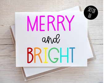 Merry and Bright Greeting Card, Merry and Bright Christmas Cards, Holiday Card Set, Cute Holiday Card, Christmas Card, Bright Card Set of 10