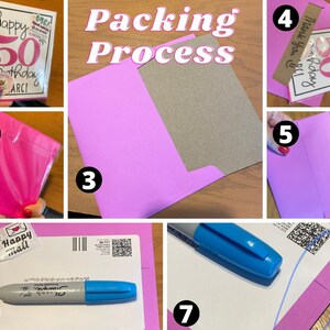 Może przedstawiać: Siedmiostopniowy przewodnik wizualny zatytułowany Packing Process, przedstawiający kartkę okolicznościową na 50. urodziny, jaskrawor&oacute;żową kopertę, brązową tekturową wkładkę, pasek z podziękowaniem, etykietę wysyłkową oraz niebieski marker.