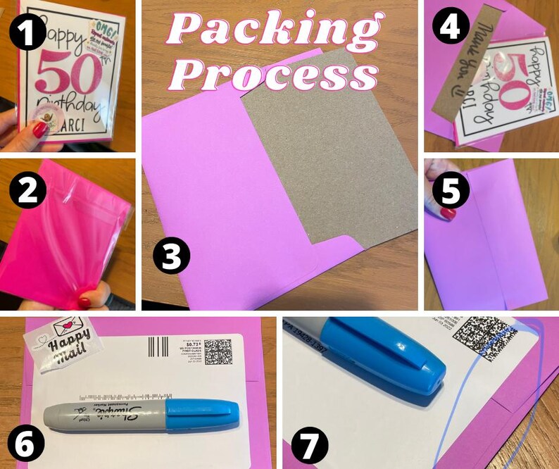Może przedstawiać: Siedmiostopniowy przewodnik wizualny zatytułowany Packing Process, przedstawiający kartkę okolicznościową na 50. urodziny, jaskrawor&oacute;żową kopertę, brązową tekturową wkładkę, pasek z podziękowaniem, etykietę wysyłkową oraz niebieski marker.